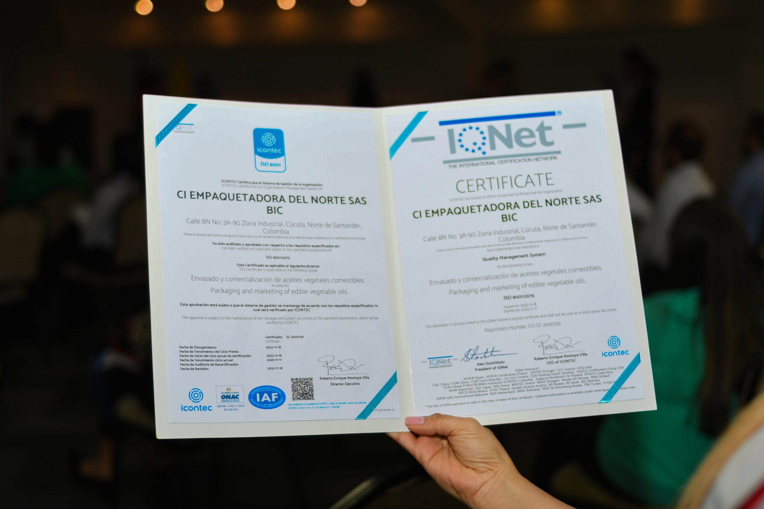 El certificado ICONTEC ISO 9001 recibido por la Comercializadora Internacional Empaquetadora del Norte.